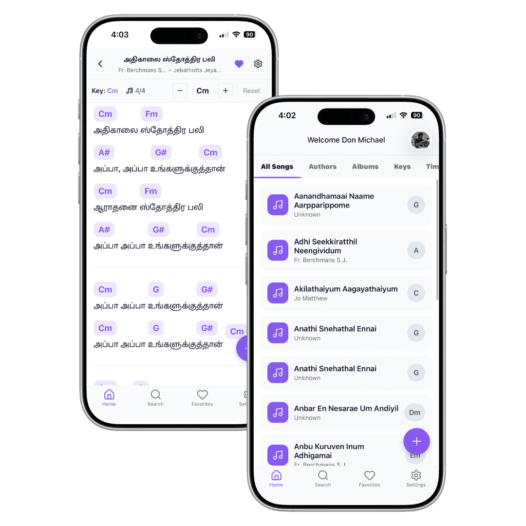 Tamil Christian Chords app showing guitar and keyboard chord sheets for Tamil worship songs with one-tap transpose feature